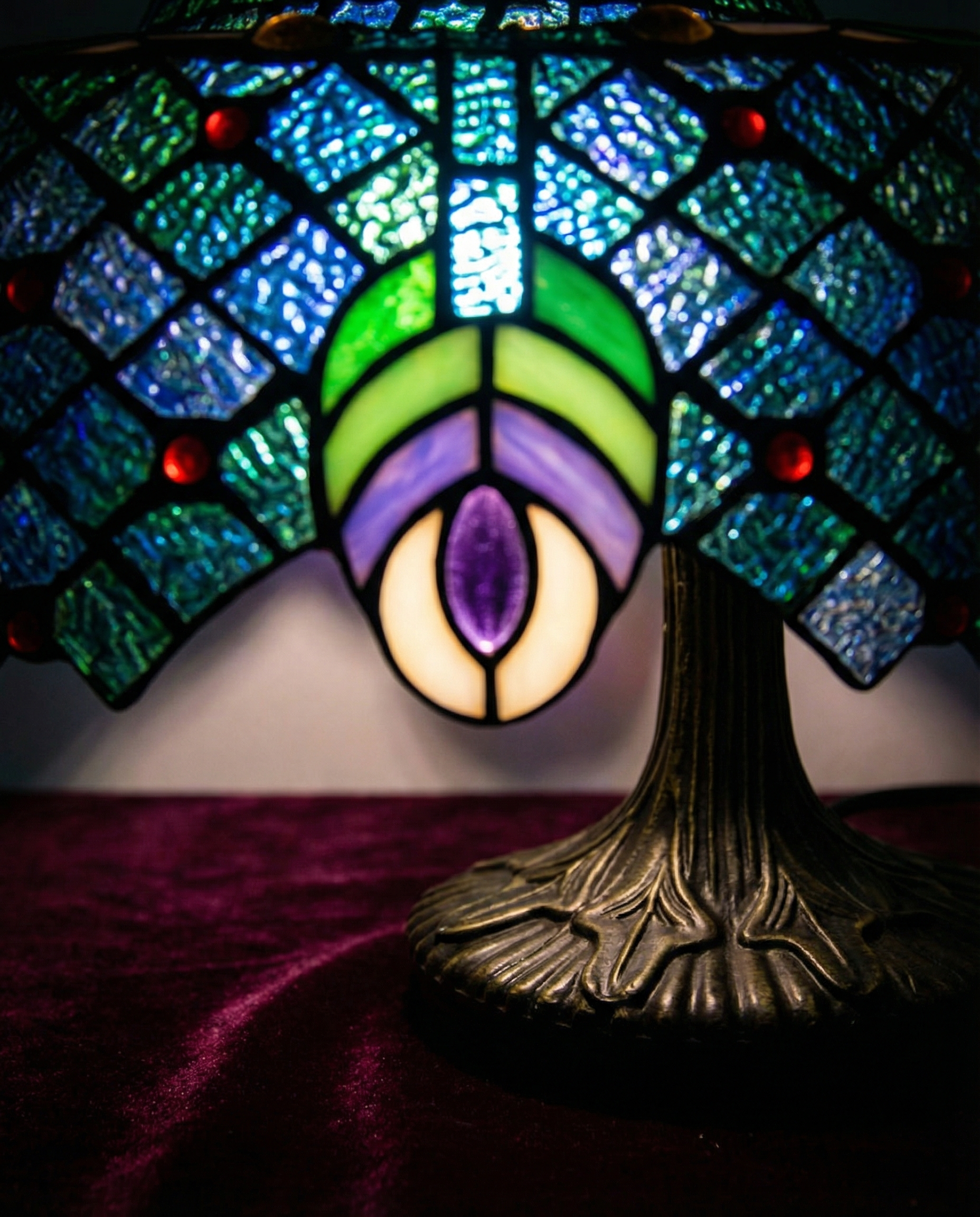 Tiffany Peacock Feather Stained Glass Table Lamp base detail showing material finish - Neovall designer collection