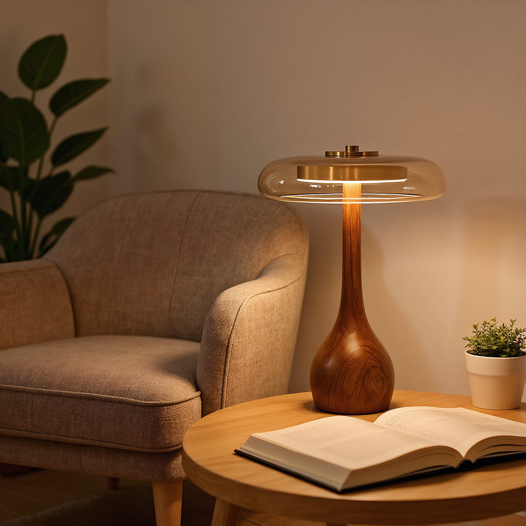 Japandi Walnut Amber Glass Mushroom Table Lamp dimension and scale reference - Neovall premium table lamp
