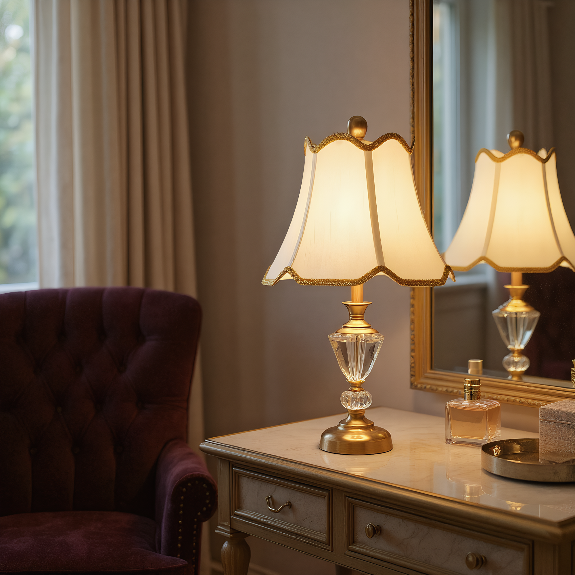 Crystal brass lamp in elegant bedroom - classic nightstand accent