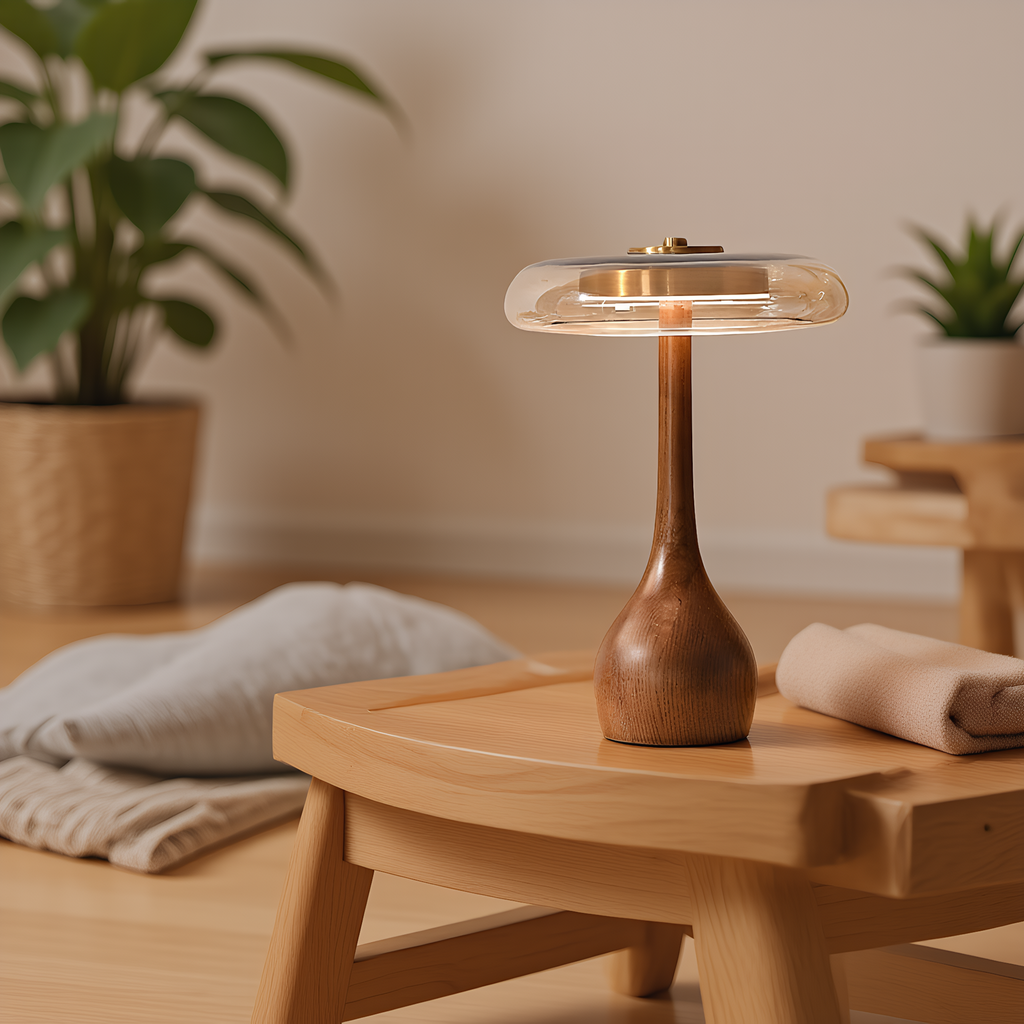 Japandi Walnut Amber Glass Mushroom Table Lamp lifestyle photo styled in modern interior - Neovall designer lighting