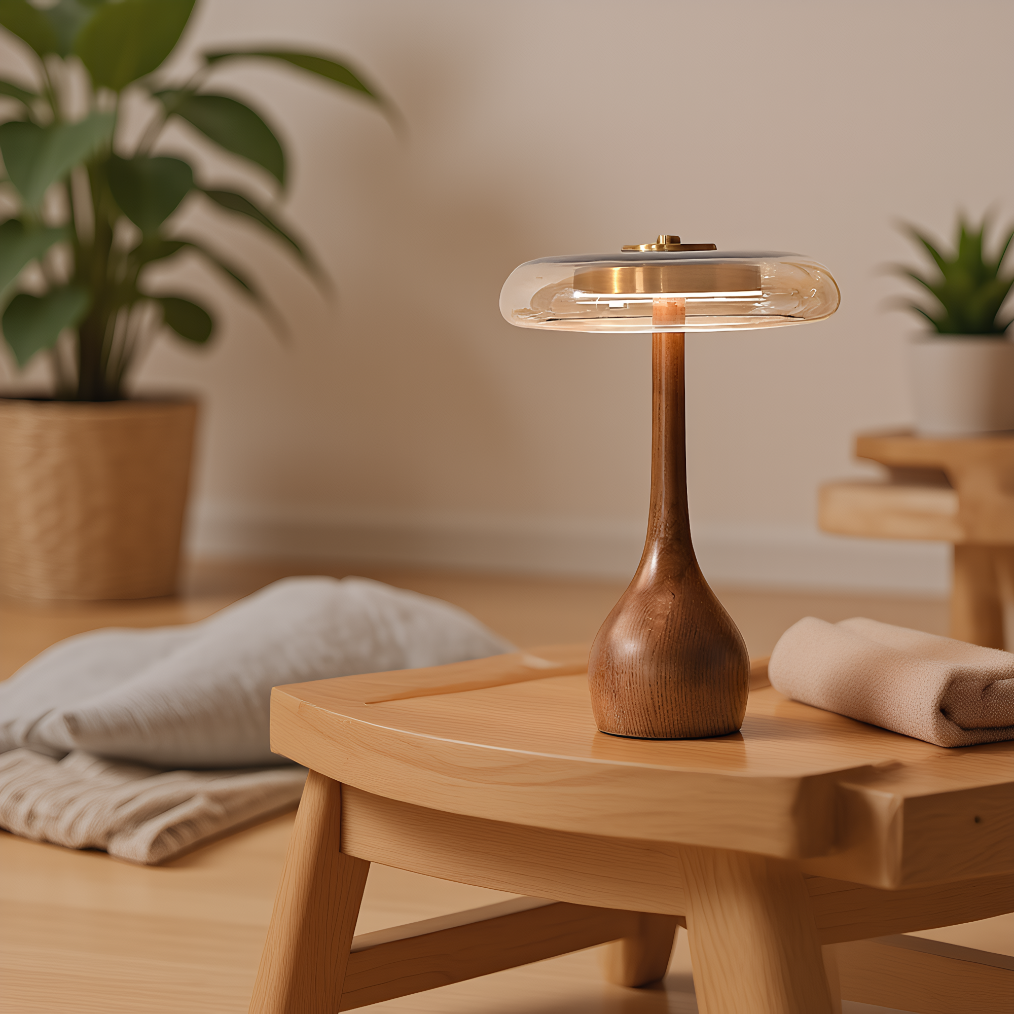 Japandi Walnut Amber Glass Mushroom Table Lamp lifestyle photo styled in modern interior - Neovall designer lighting