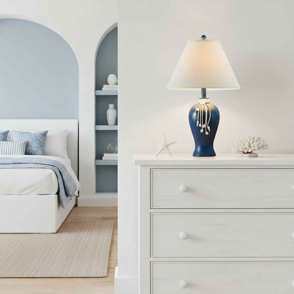 Mediterranean Navy Ceramic Pearl Tassel Table Lamp packaging and product card - Neovall ready to gift