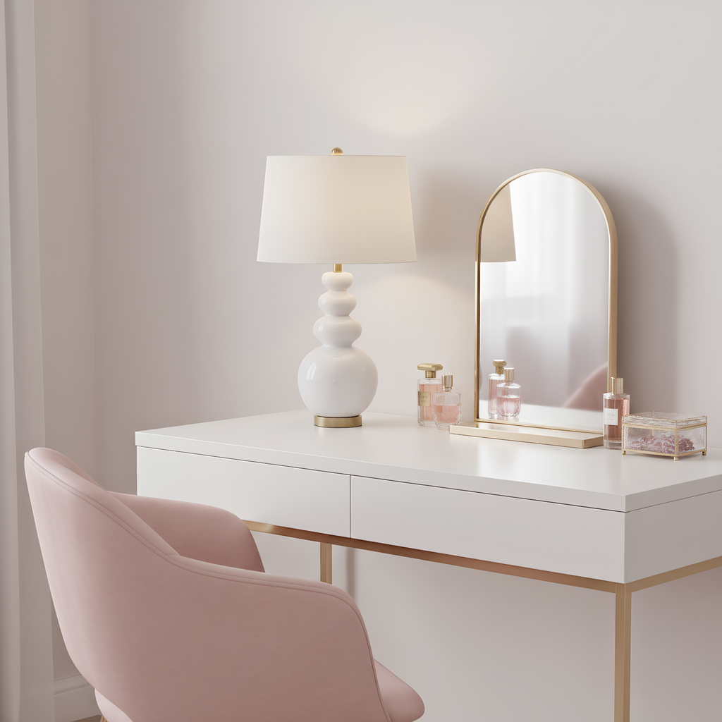 Ceramic gourd lamp on console table - entryway styling