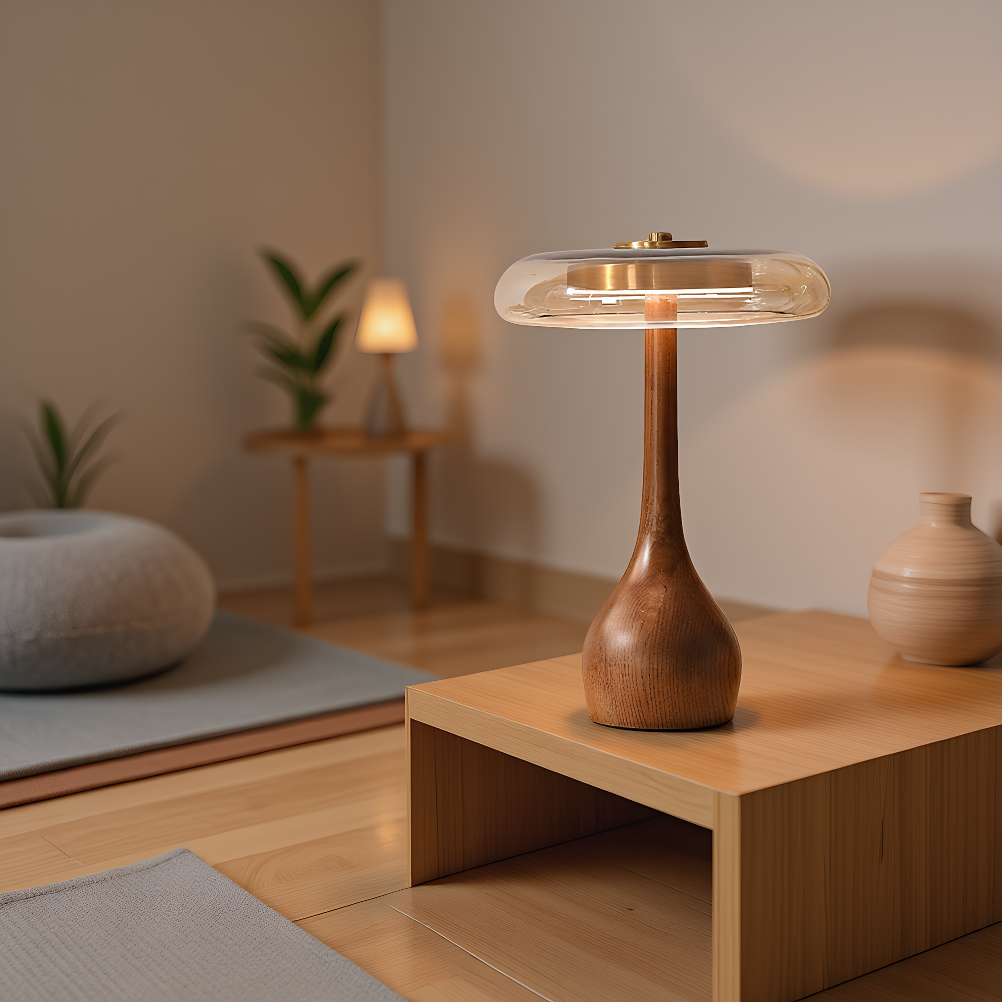 Japandi Walnut Amber Glass Mushroom Table Lamp in use - warm ambient lighting for living spaces - Neovall