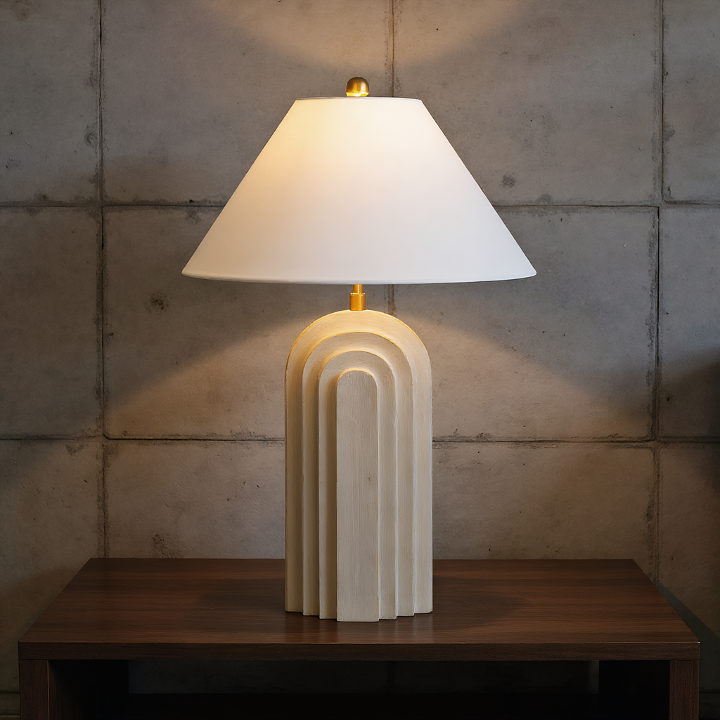 Art Deco arch lamp in bedroom setting - bedside table styling