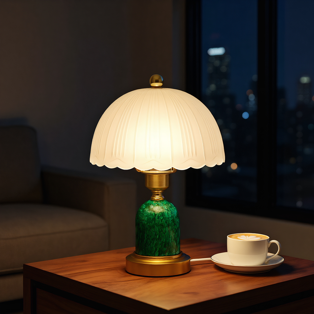 Green glass dome lamp top view - pleated shade detail