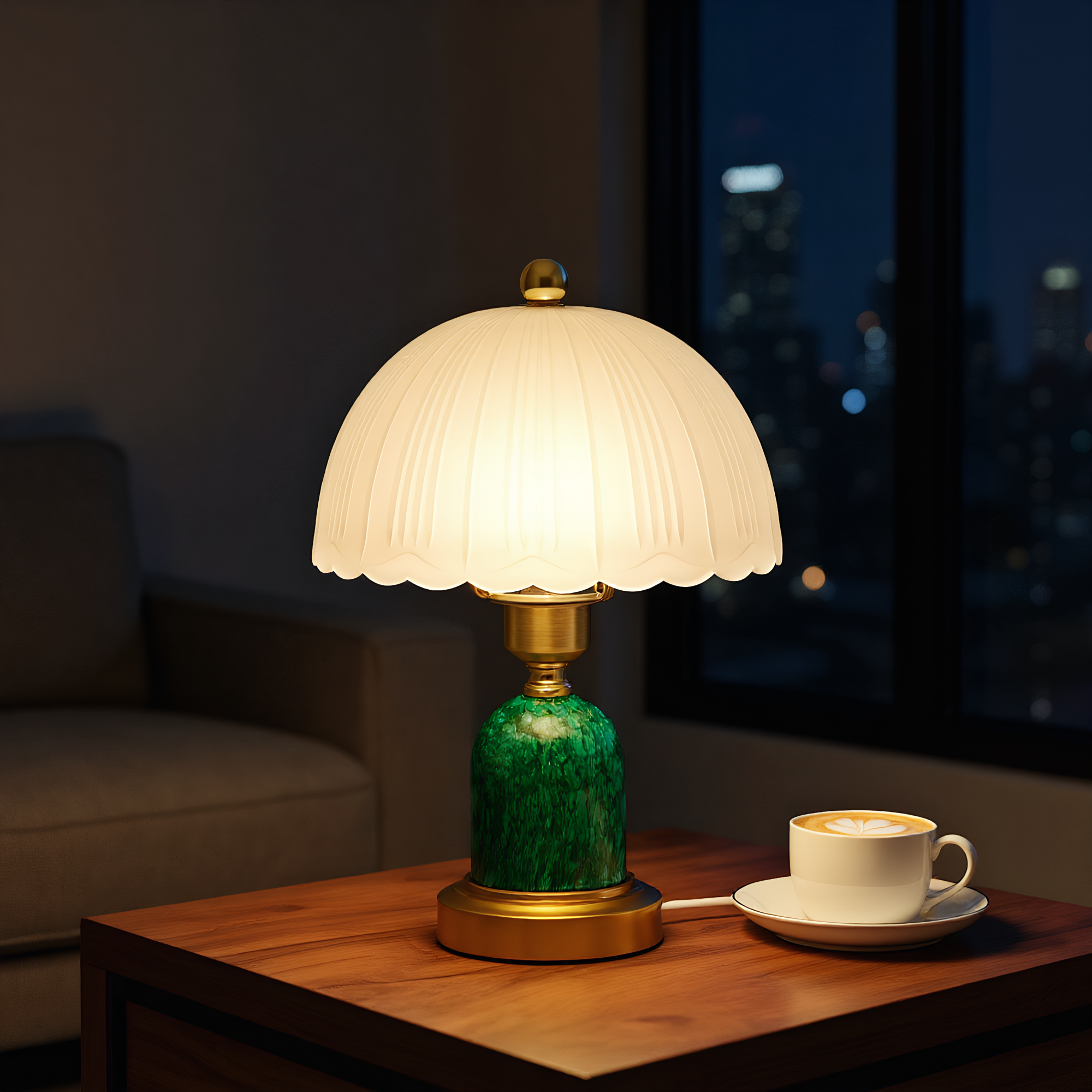 Green glass dome lamp top view - pleated shade detail
