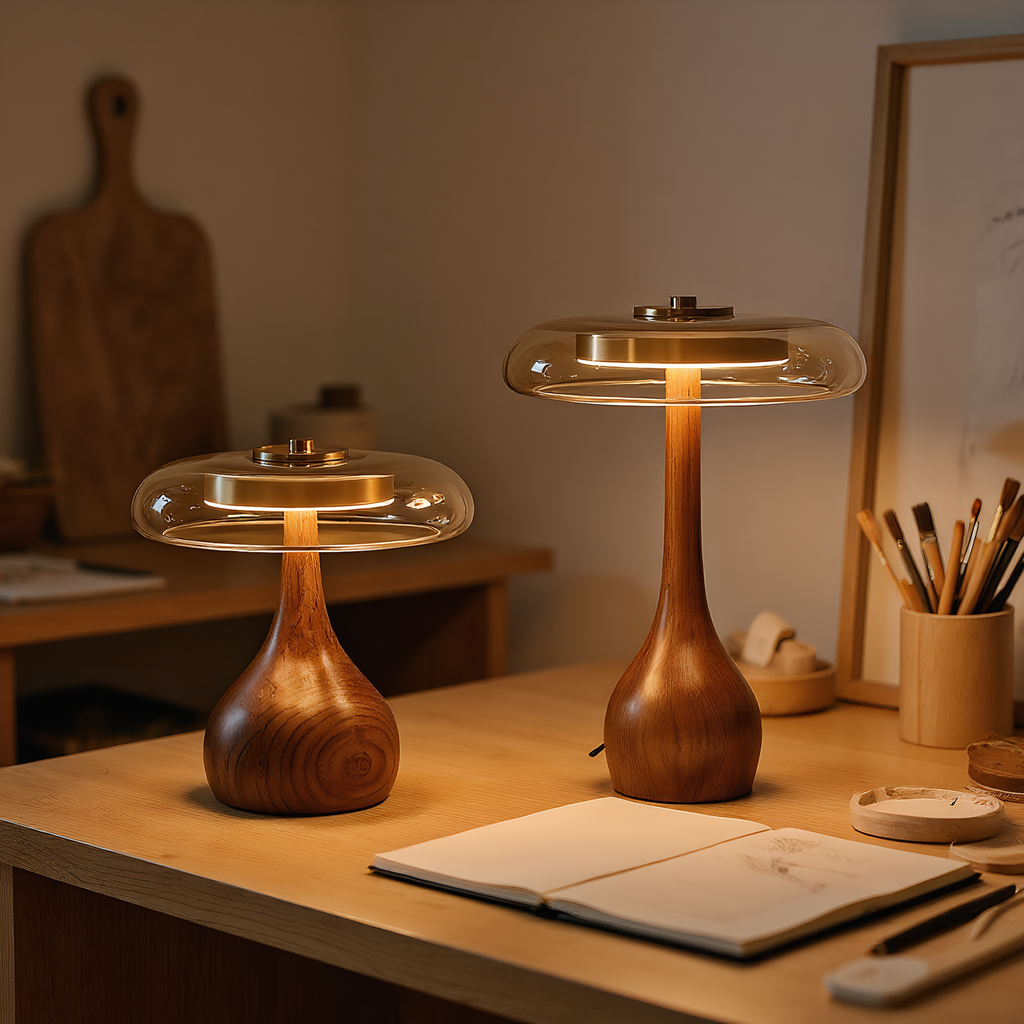 Japandi Walnut Amber Glass Mushroom Table Lamp detail close-up showing premium materials and craftsmanship - Neovall