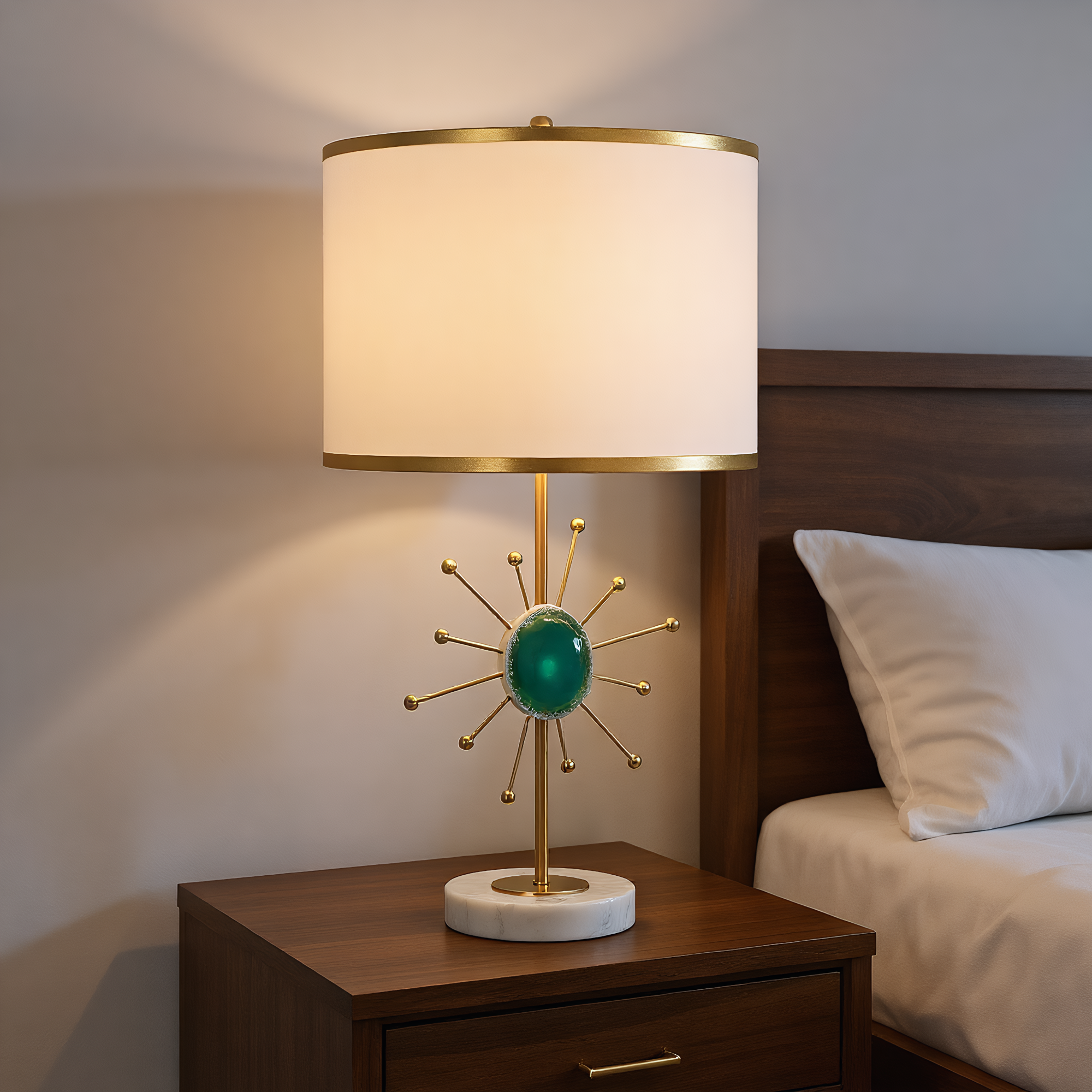 Agate brass lamp in bedroom setting - warm ambient glow