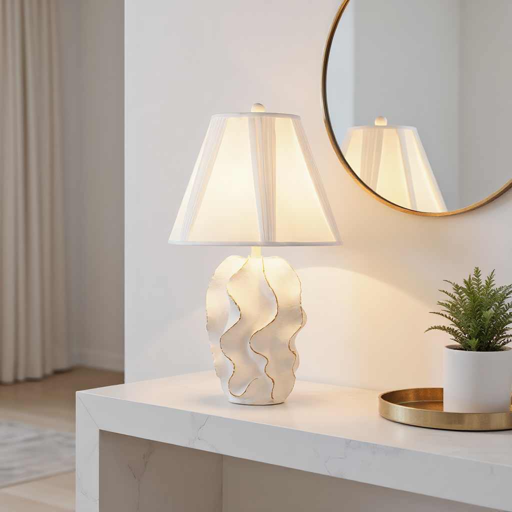 Sculptural Resin Wave Table Lamp side view highlighting hand-finished quality - Neovall premium lamp