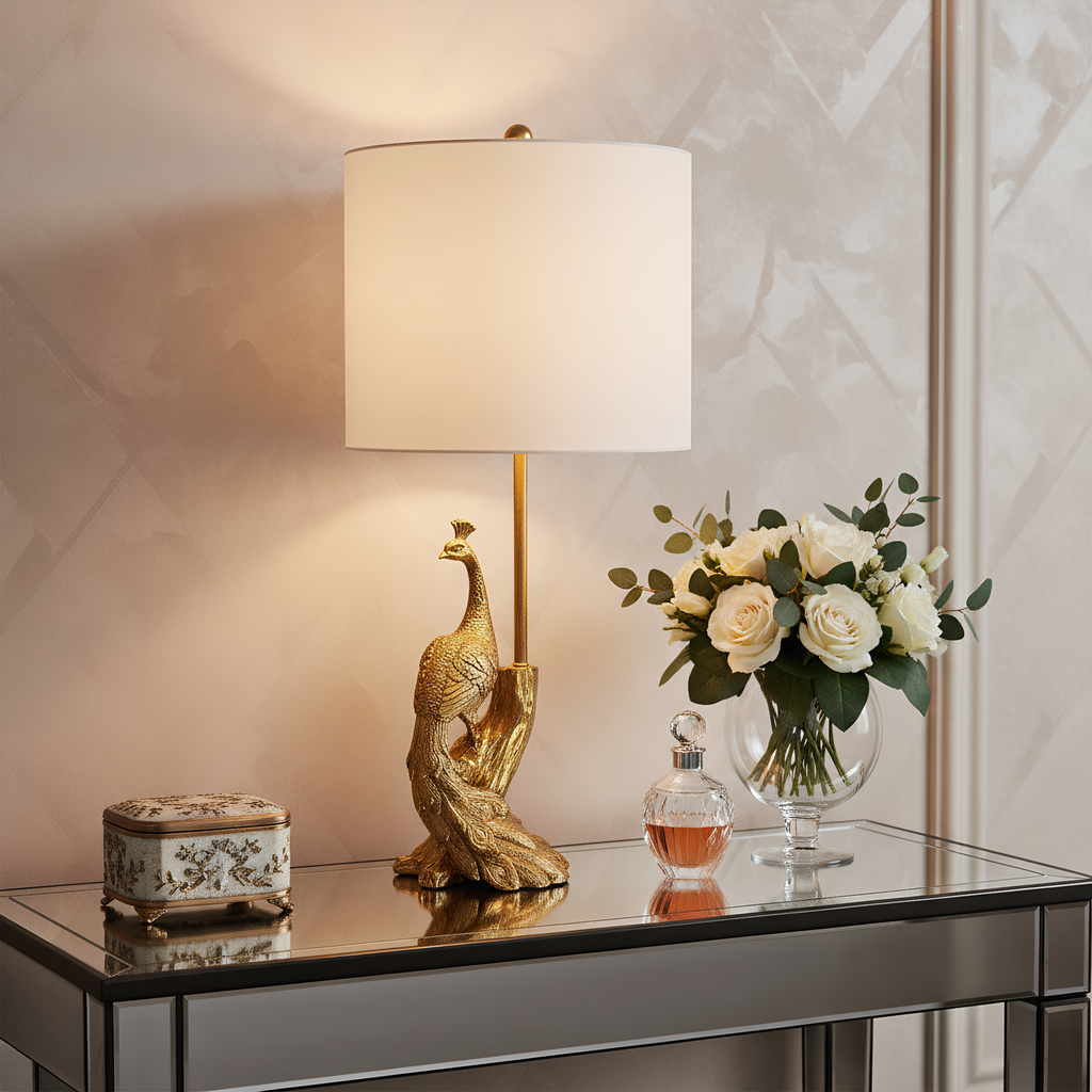 Brass Peacock Figurine Table Lamp