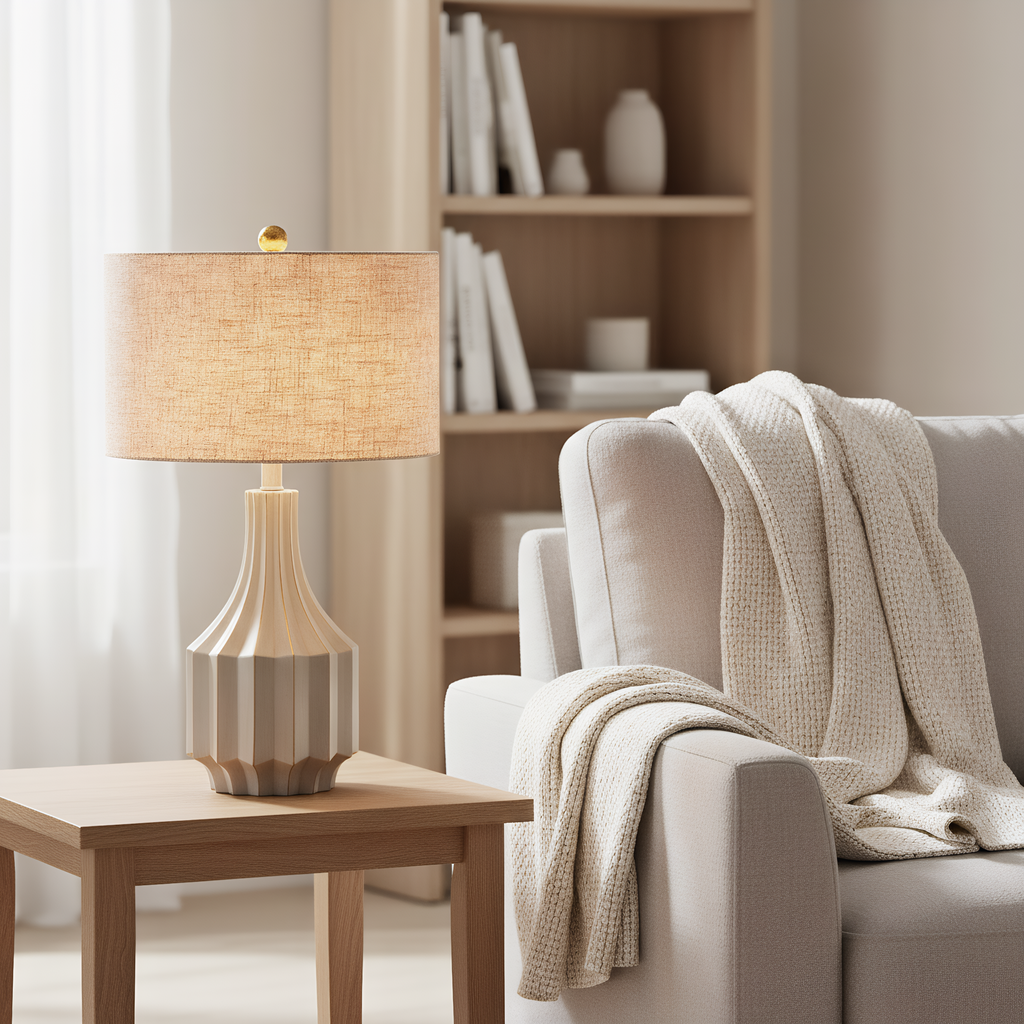 Wabi-Sabi Fluted Resin Table Lamp lifestyle photo styled in modern interior - Neovall designer lighting