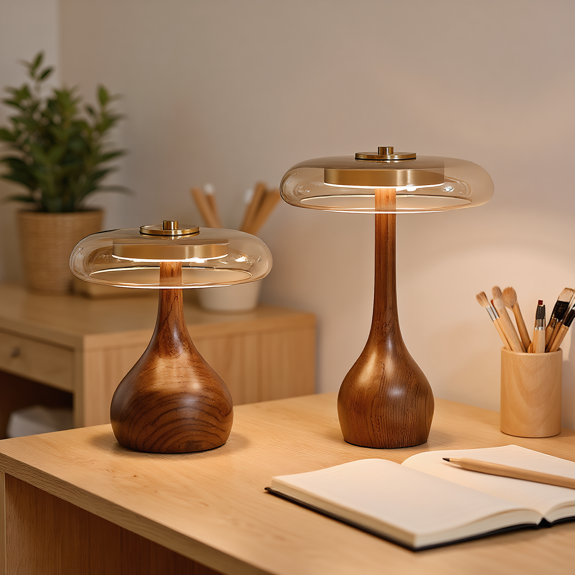 Japandi Walnut Amber Glass Mushroom Table Lamp detail close-up showing premium materials and craftsmanship - Neovall