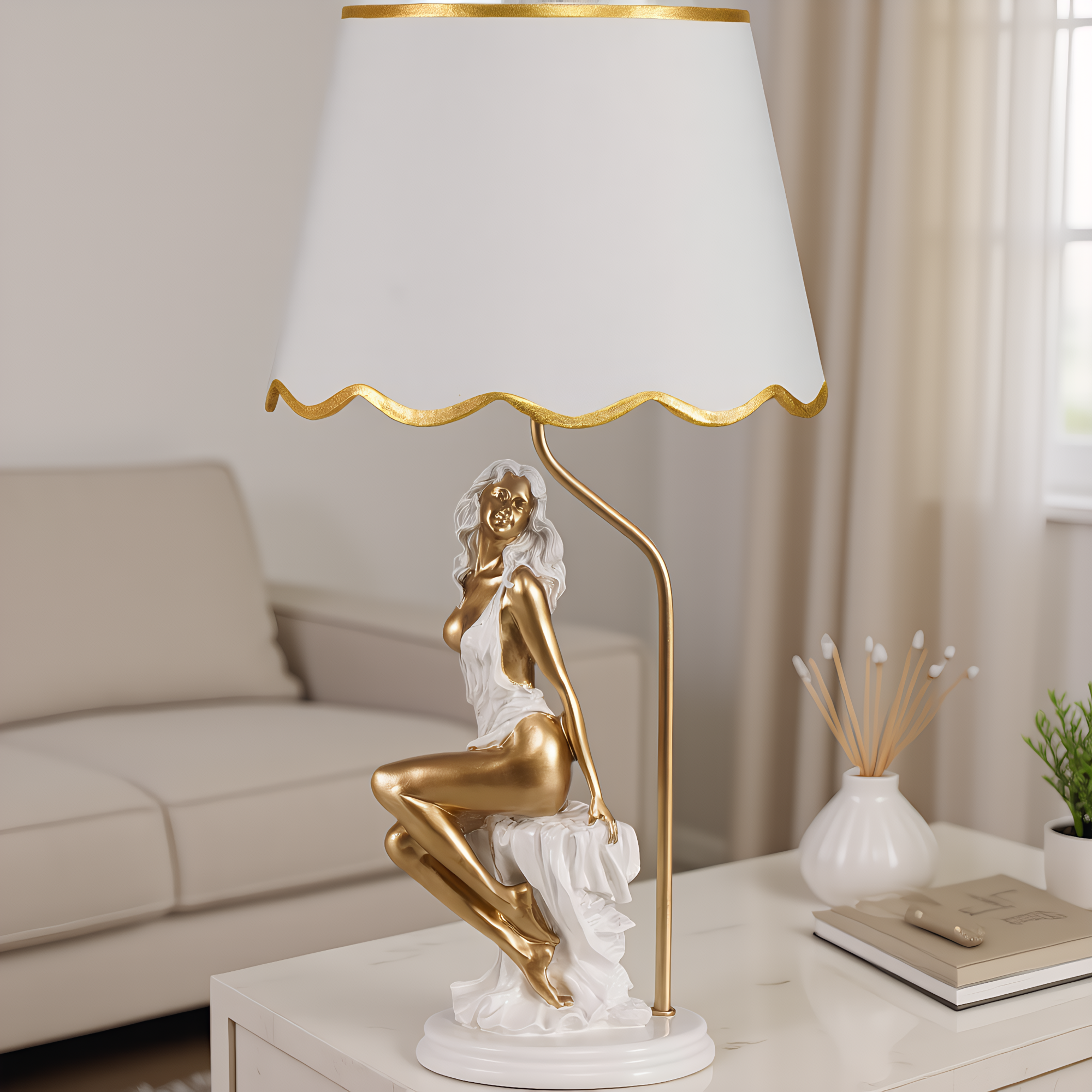 Art Nouveau Figurine Sculptural Table Lamp top view showcasing shade design - Neovall premium lighting