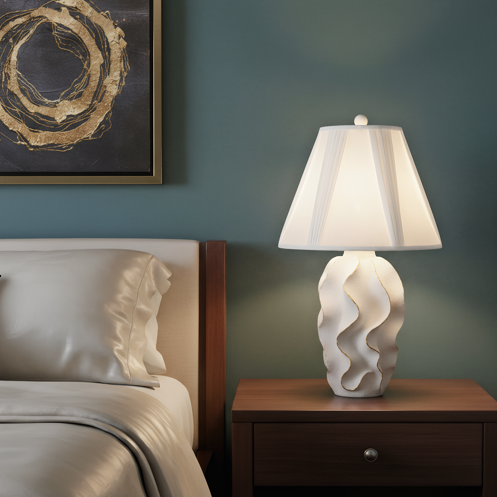 Sculptural Resin Wave Table Lamp lifestyle photo styled in modern interior - Neovall designer lighting