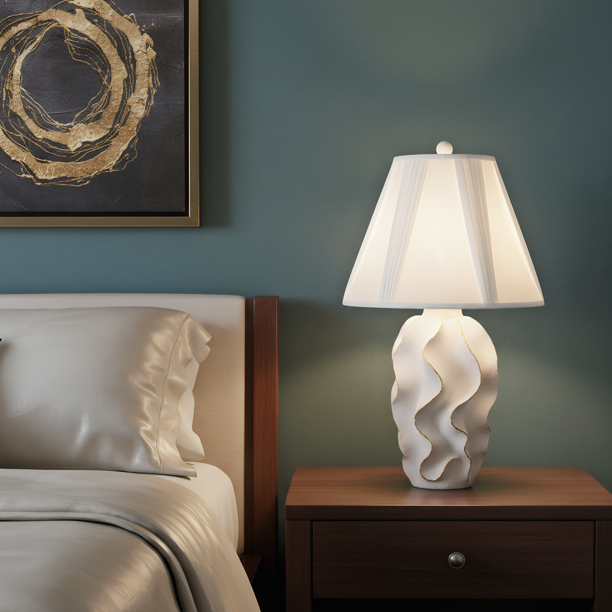 Sculptural Resin Wave Table Lamp lifestyle photo styled in modern interior - Neovall designer lighting